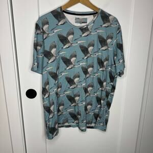 Ted Baker Bird Print Teal Blue Crewneck Short Sleeve T-shirt 100% Cotton Size 7